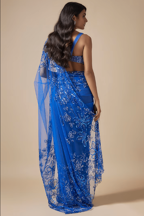 Blue Net Cutdana Embroidered Saree Set - Image 2
