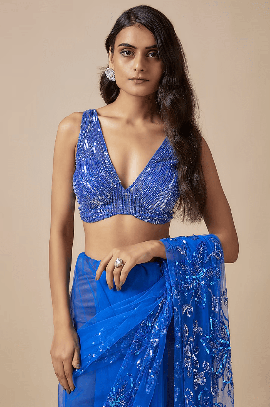 Blue Net Cutdana Embroidered Saree Set - Image 3