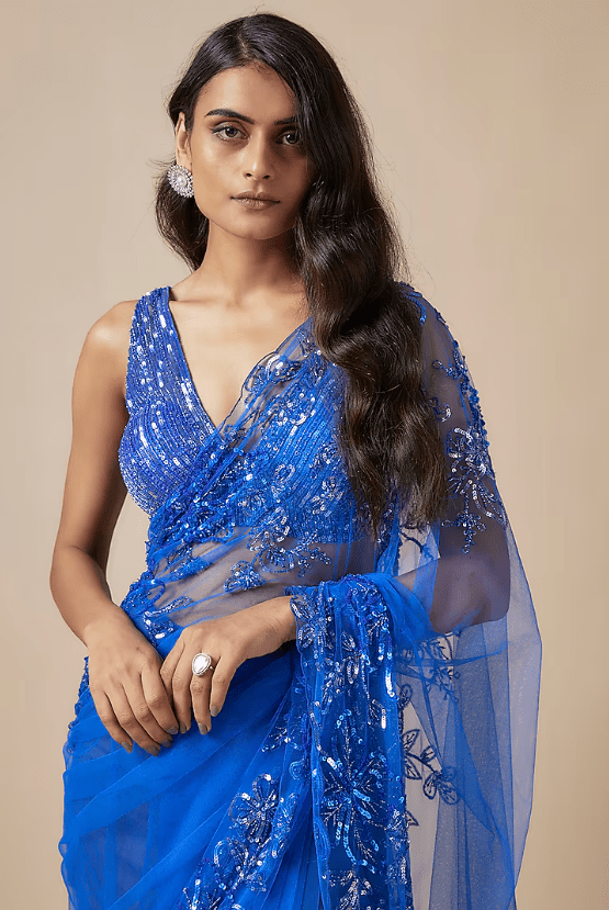 Blue Net Cutdana Embroidered Saree Set - Image 4