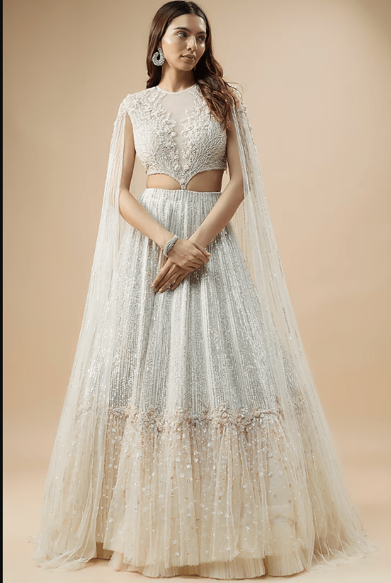 Ivory Net & Organza Floral Jaal Embroidered Lehenga Set