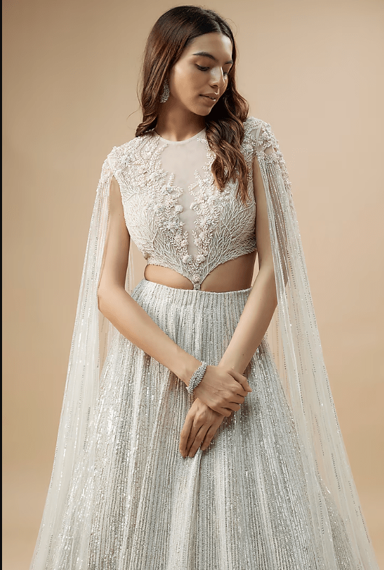 Ivory Net & Organza Floral Jaal Embroidered Lehenga Set - Image 3