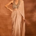 Beige Georgette Ruffled Draped Saree Set