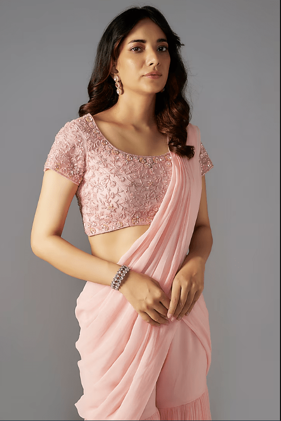 Pink Georgette Sharara Saree Set - Image 3