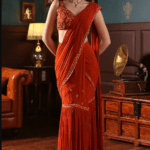 Burnt Orange Georgette Pre-Stitched Saree Set