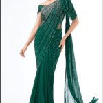 Emerald Green Georgette Bugle Bead Embroidered Gown Saree