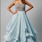 Powder Blue Upada Silk Crystal Embellished Layered Gown
