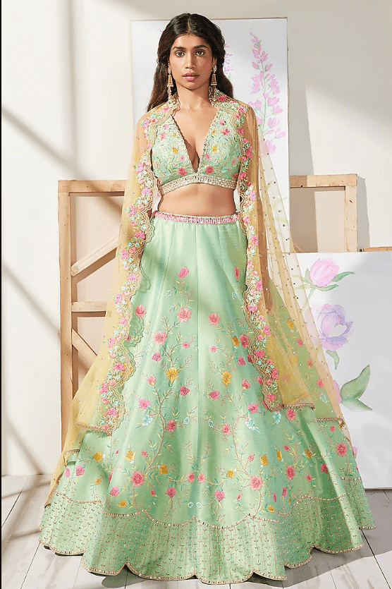Green Dupion Embroidered Lehenga Set
