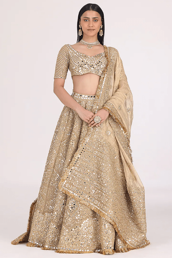 Golden & Beige Tissue Gota & Mirror Embellished Lehenga Set
