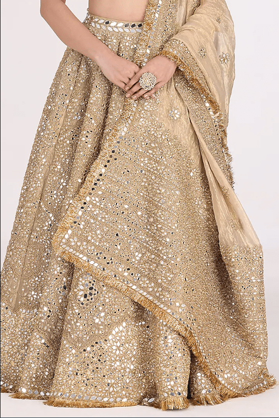 Golden & Beige Tissue Gota & Mirror Embellished Lehenga Set - Image 2