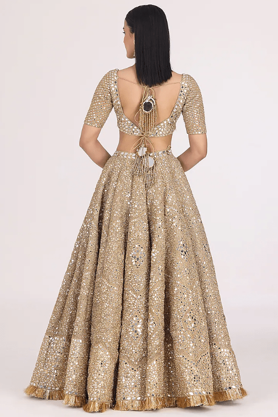 Golden & Beige Tissue Gota & Mirror Embellished Lehenga Set - Image 3