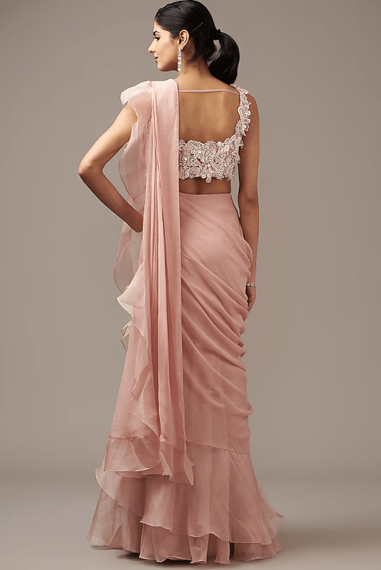 Dusky Pink Chiffon Draped Saree Set - Image 2