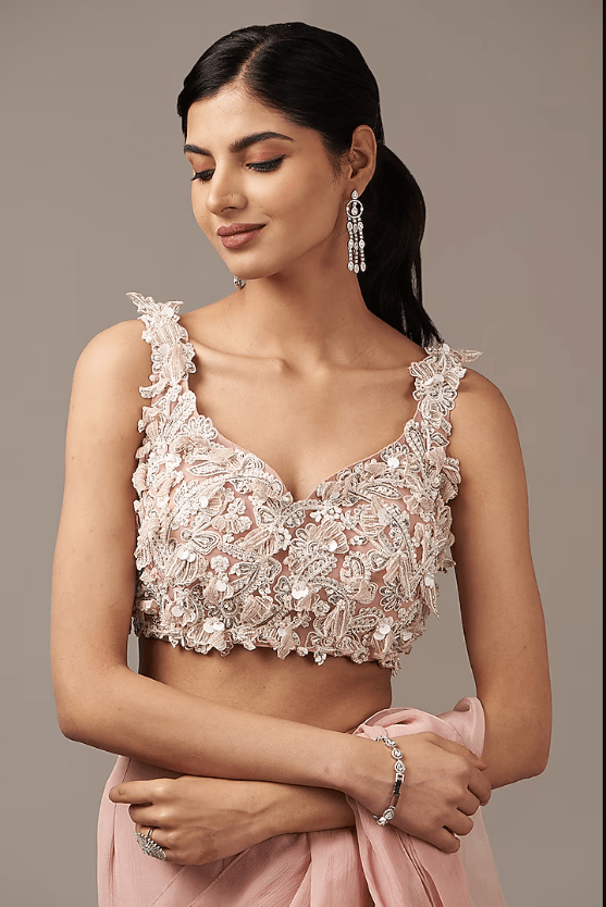 Dusky Pink Chiffon Draped Saree Set - Image 3