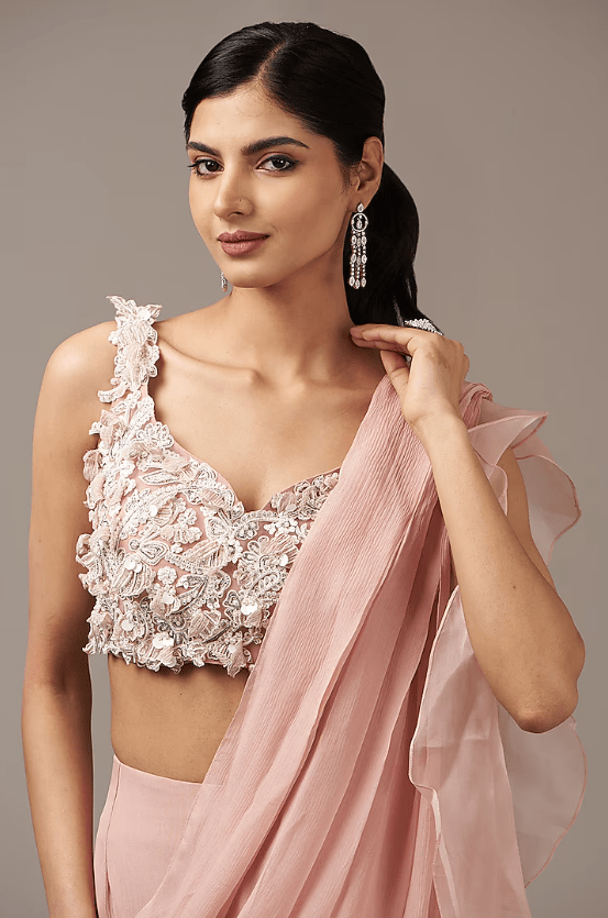 Dusky Pink Chiffon Draped Saree Set - Image 4