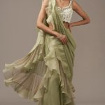 Sage Green Chiffon Draped Ruffled Saree Set