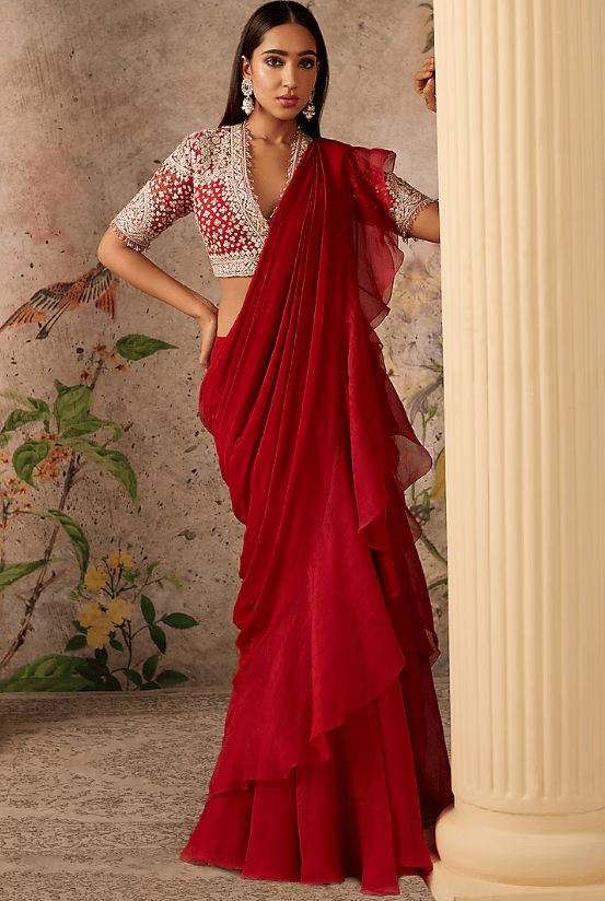 Red Chiffon & Organza Ruffled Draped Saree Set
