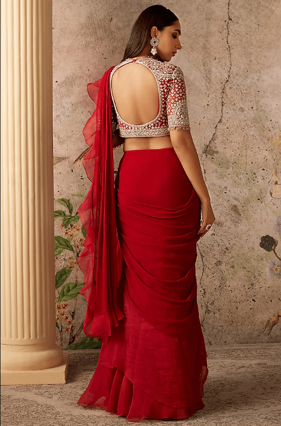 Red Chiffon & Organza Ruffled Draped Saree Set - Image 2