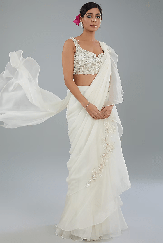 Ivory Chiffon & Organza Draped Saree Set