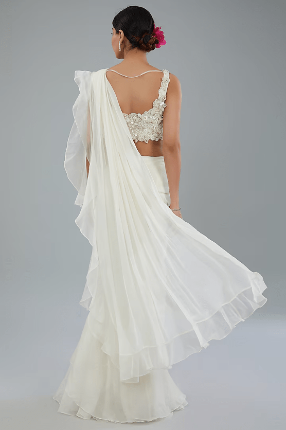 Ivory Chiffon & Organza Draped Saree Set - Image 2