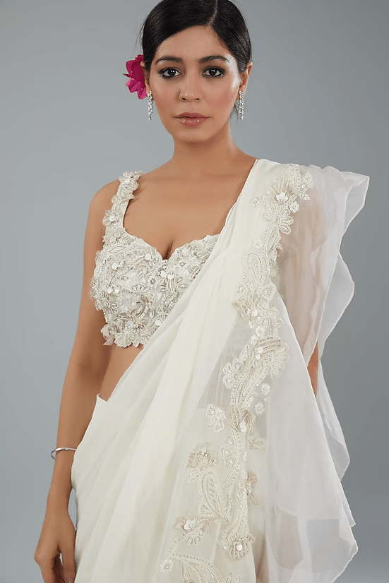 Ivory Chiffon & Organza Draped Saree Set - Image 4