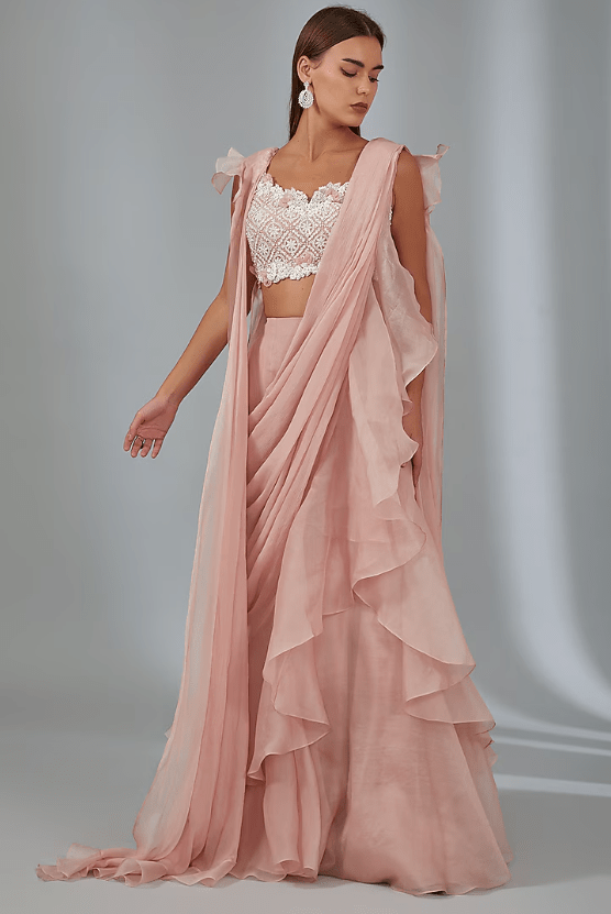 Dusky Pink Chiffon Draped Saree Set
