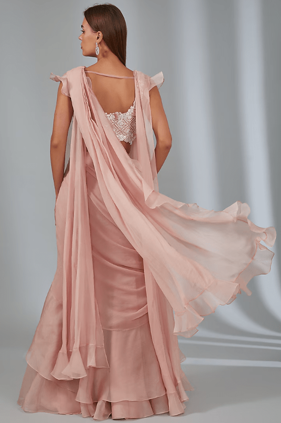 Dusky Pink Chiffon Draped Saree Set - Image 2