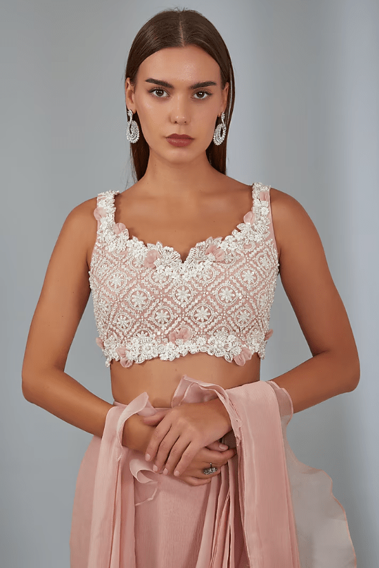 Dusky Pink Chiffon Draped Saree Set - Image 3