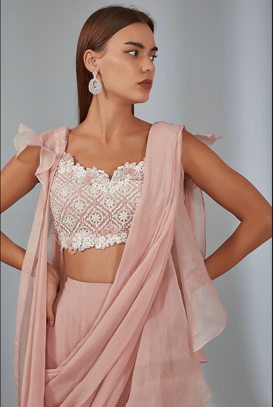 Dusky Pink Chiffon Draped Saree Set - Image 4