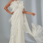 Ivory Chiffon Feather Embellished Draped Gown Saree Set