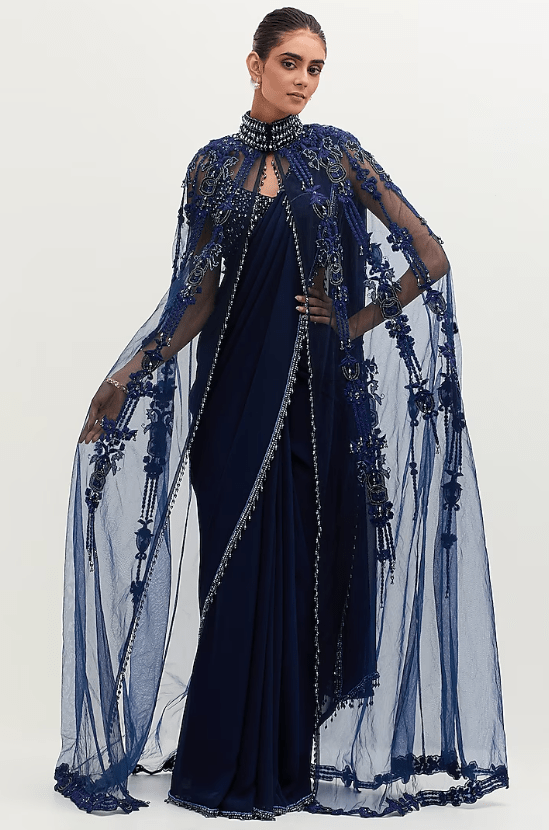 Navy Blue Georgette Embroidered Saree Set