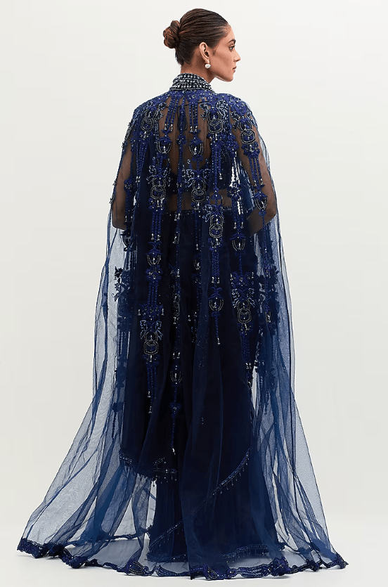 Navy Blue Georgette Embroidered Saree Set - Image 2