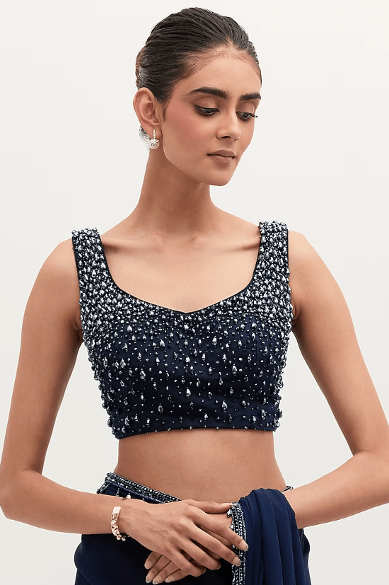 Navy Blue Georgette Embroidered Saree Set - Image 3