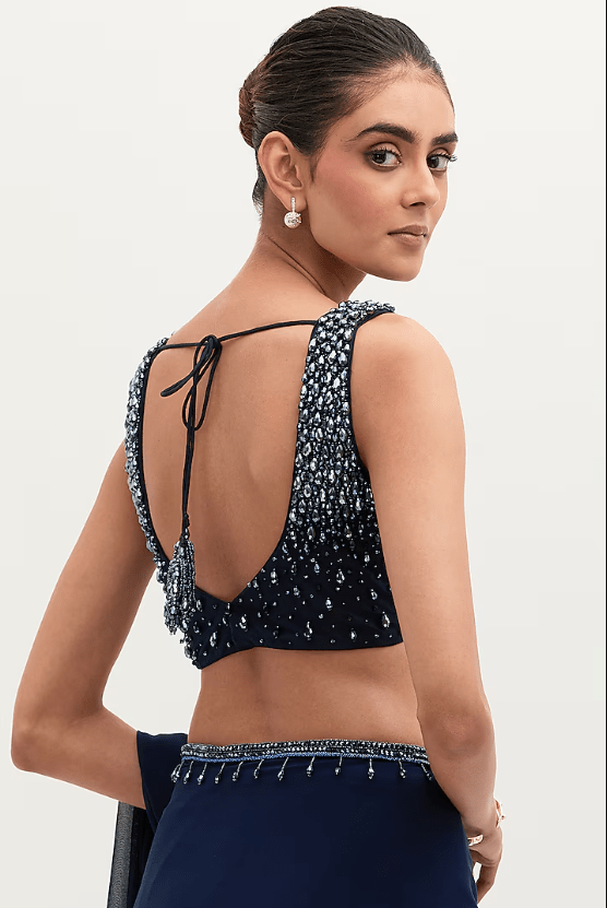 Navy Blue Georgette Embroidered Saree Set - Image 4