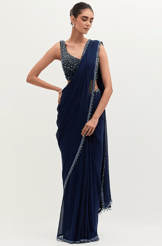 Navy Blue Georgette Embroidered Saree Set - Image 5