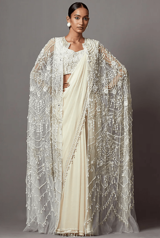 Ivory Foil Georgette & Net Pearl Handwork Jacket Saree Set