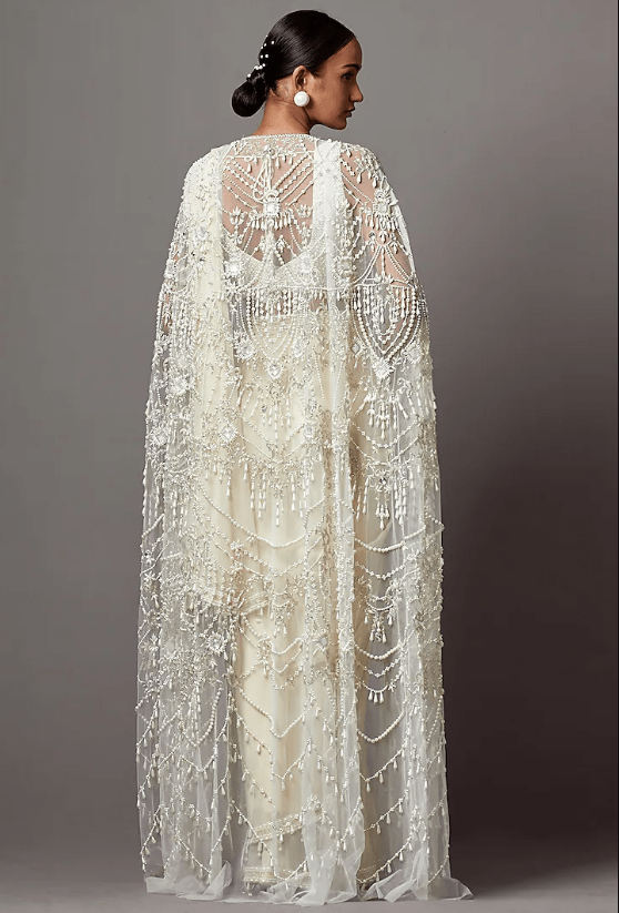 Ivory Foil Georgette & Net Pearl Handwork Jacket Saree Set - Image 2