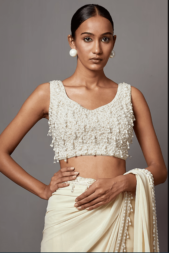 Ivory Foil Georgette & Net Pearl Handwork Jacket Saree Set - Image 3