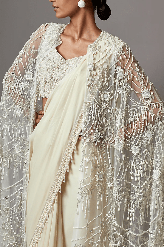 Ivory Foil Georgette & Net Pearl Handwork Jacket Saree Set - Image 4