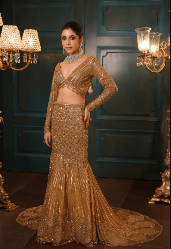Gold Fishcut Lehenga with trail
