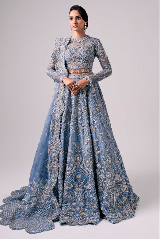 grey and blue pakistani dress Pakistani Dresses Maria B Blue Bridal Maxi Dress Maria Couture Ice Blue  MC-041  Ayla's Atelier