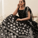 Pakistani Bridal Black Lehenga Choli and Dupatta Dress