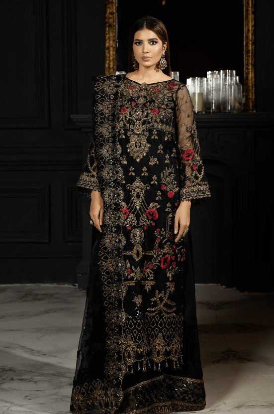 Black and gold dress pakistani shop
