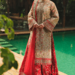 Luxury Golden Floral Embroidered Pakistani Wedding Dress Kameez Sharara