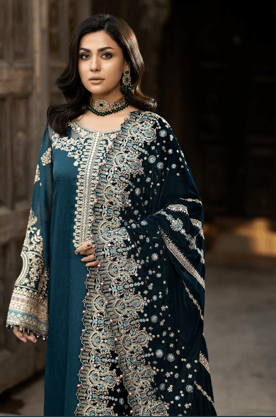 green emerald velvet dress Navy Blue Desi Pakistani Indian Wedding Gown main image 1