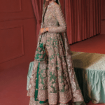 Bridal Pishwas Frock with Green Lehenga and Dupatta