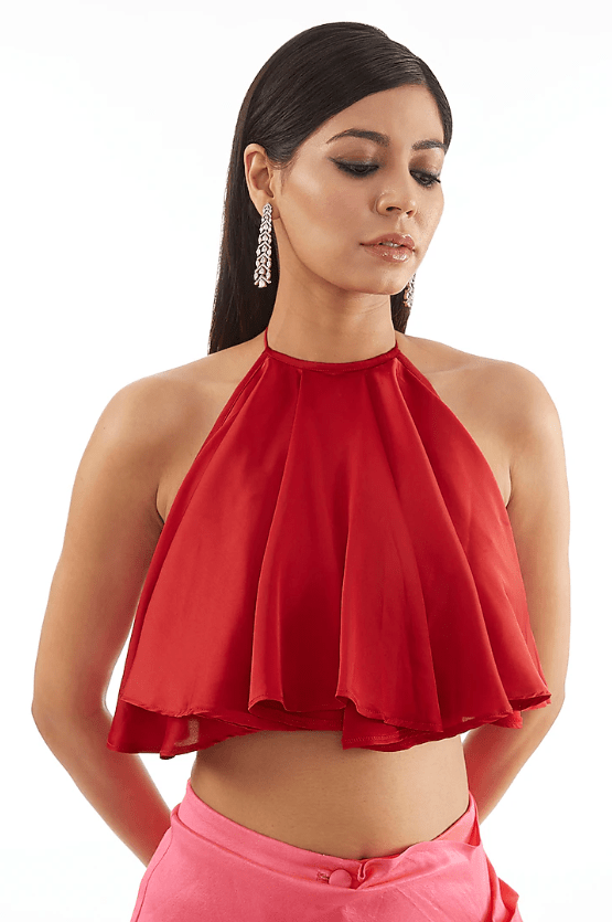 Red Satin Ruffled Top