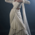 Off-White Organza Georgette & Net Pre-Draped Frilled Saree Set