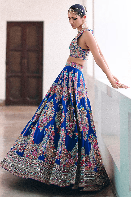 Royal Blue Pure Silk Pearl & Zardosi Embroidered Lehenga Set - Image 2