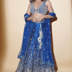 Blue Raw SIlk Mirror Hand Embroidered Lehenga Set