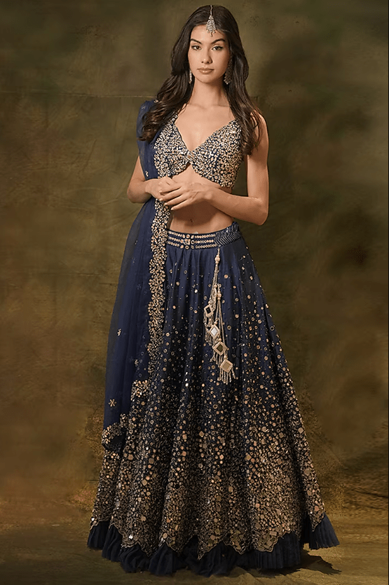 Blue Raw SIlk Mirror Hand Embroidered Lehenga Set - Image 2