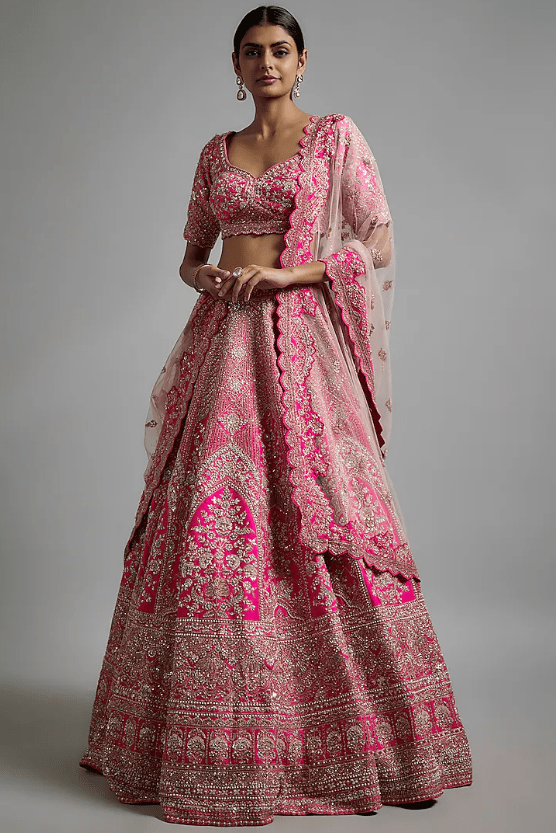 Pink Raw Silk Zardosi Hand & Machine Embroidered Lehenga Set